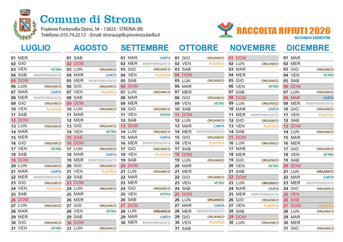 Calendario rifiuti secondo semestre 2026